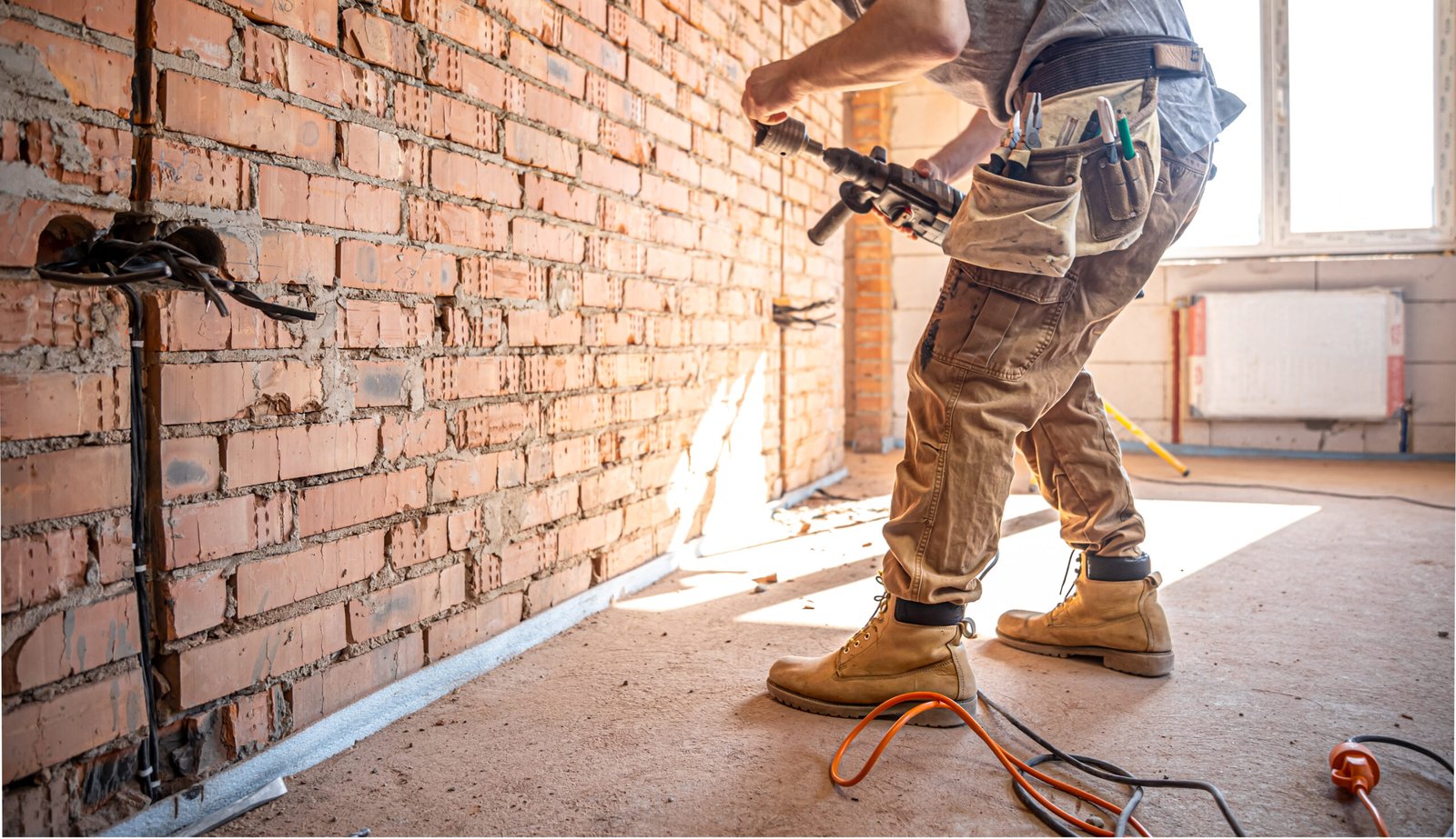 Handyman at a construction site in the process of drilling a wall with a perforator.